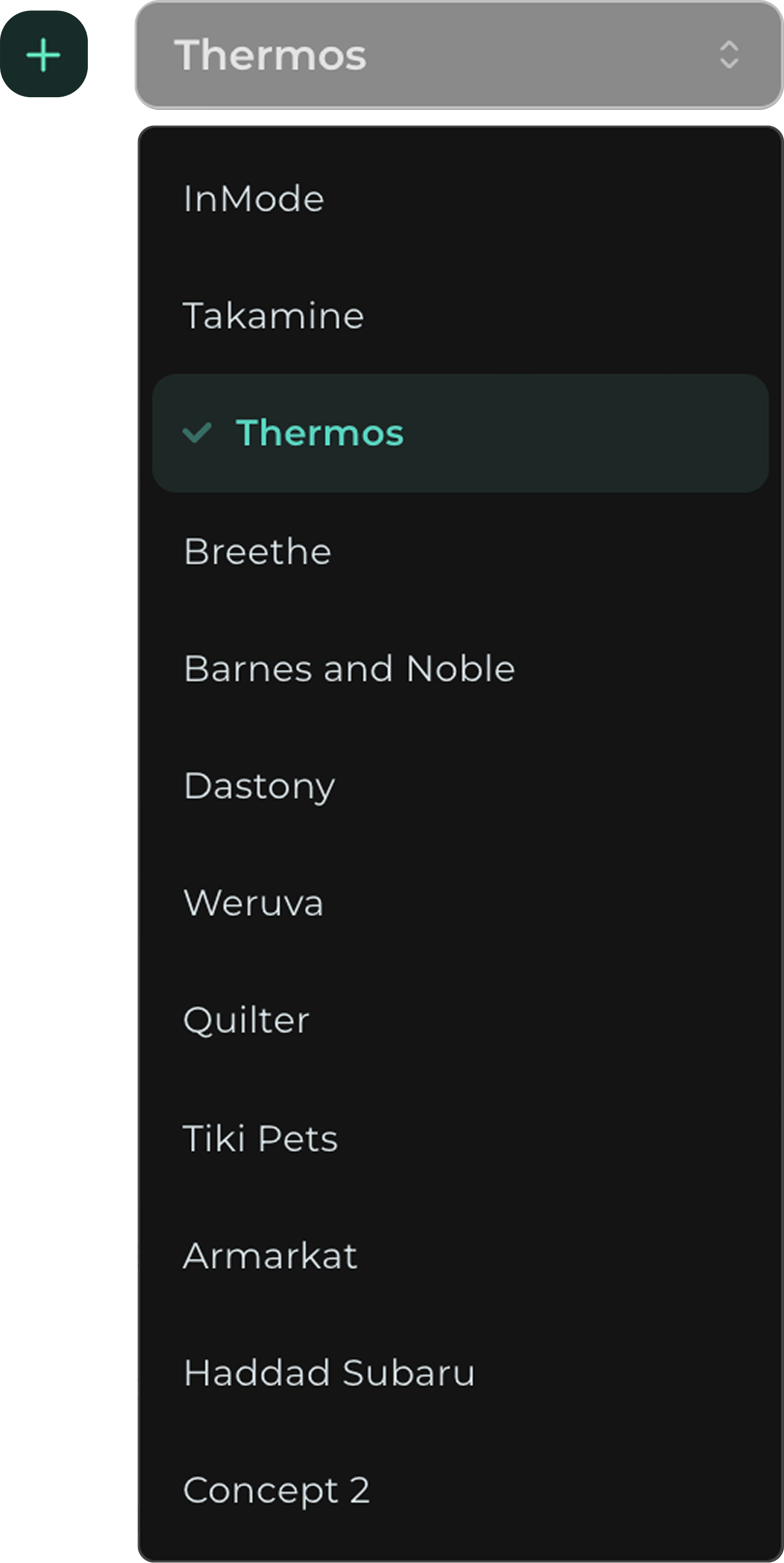Brand switcher dropdown showing multiple brand options